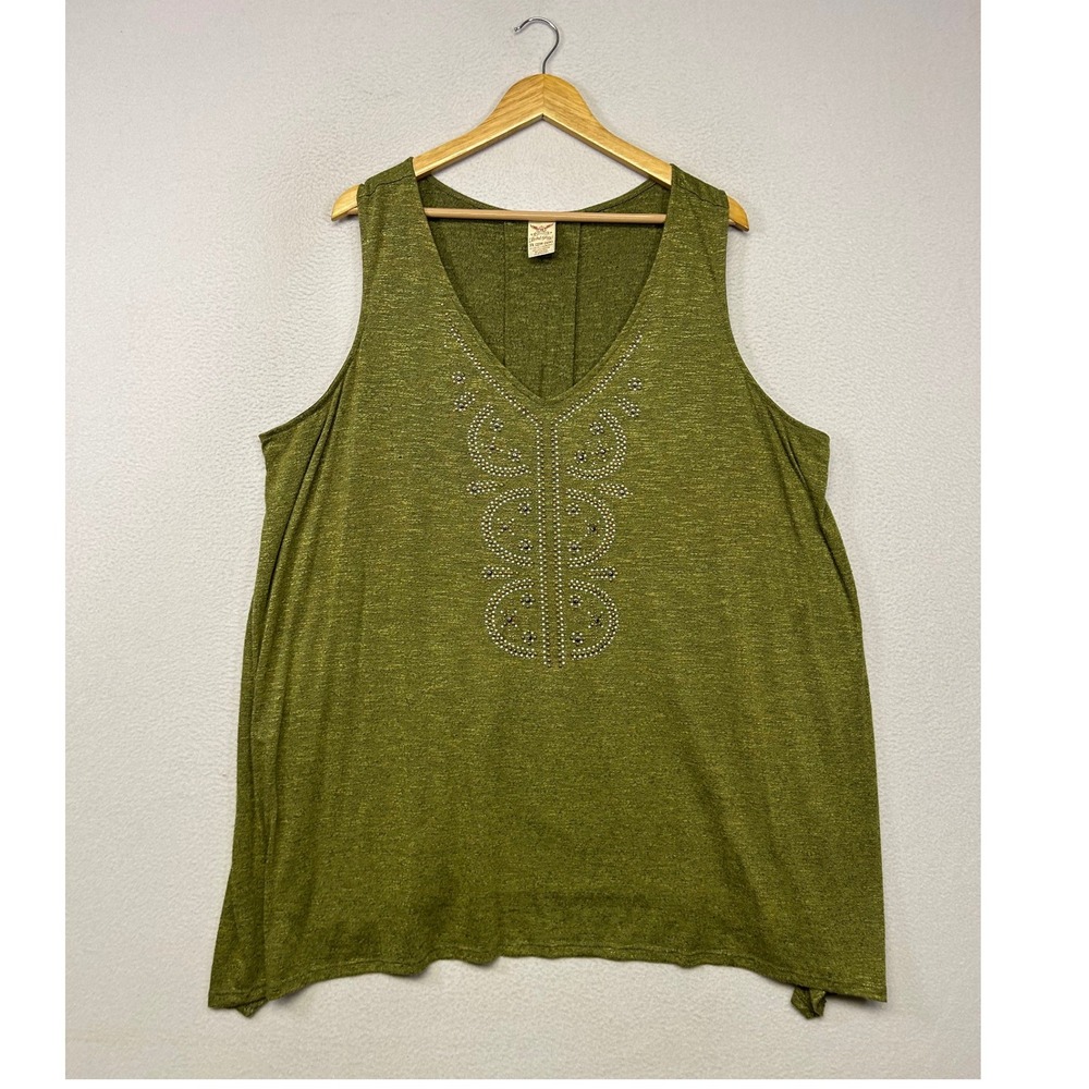 Boho Peasant Faded Glory Womens 3X Warm Olive Studded V-Neck Sharkbite Tank Top